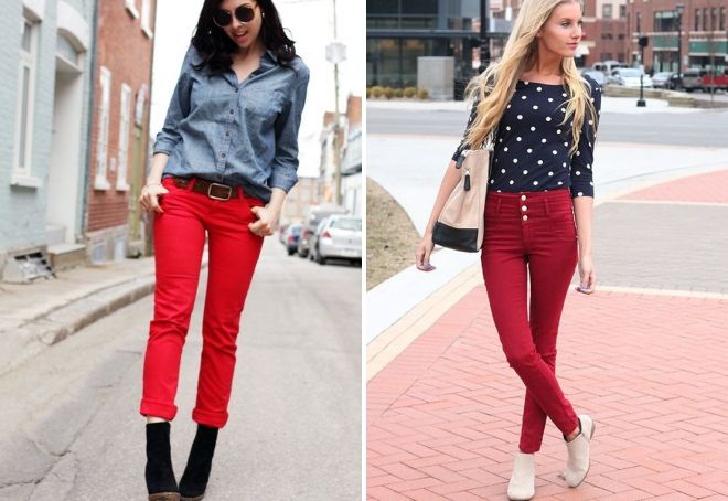 Красные джинсы с высокой талией