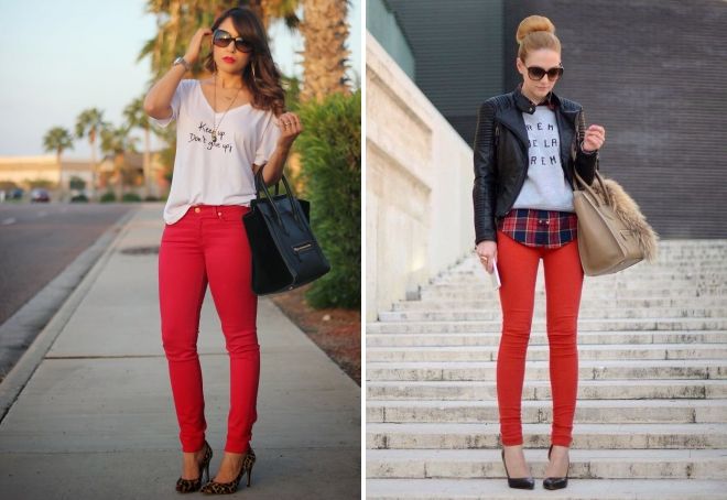 С чем носить женские красные джинсы
