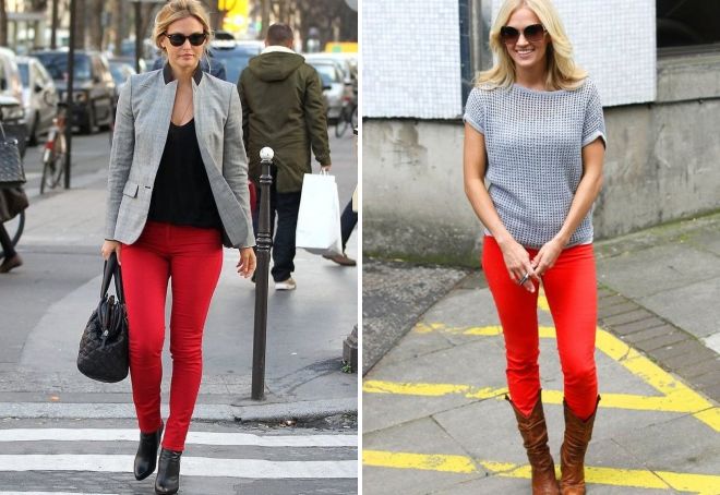 С чем носить женские красные джинсы осенью