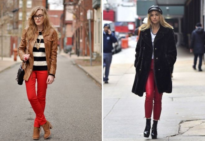 С чем носить женские красные джинсы зимой